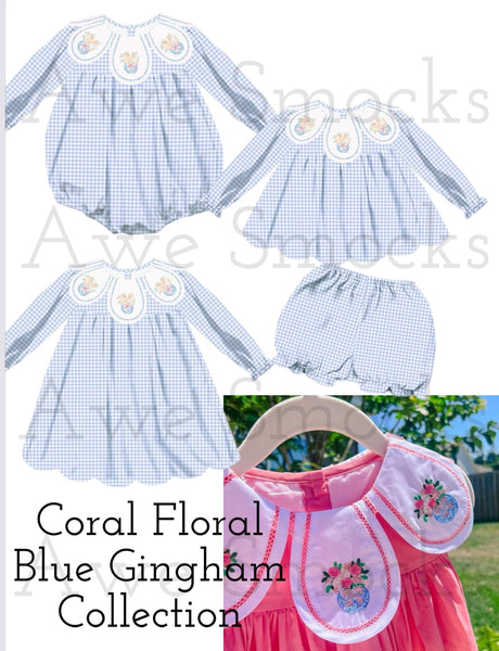 Blue gingham Coral floral collection eta August