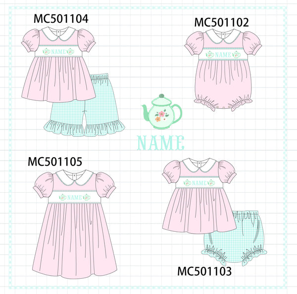 PO48 Pink teapot monogram embroidery girl gingham collection eta July