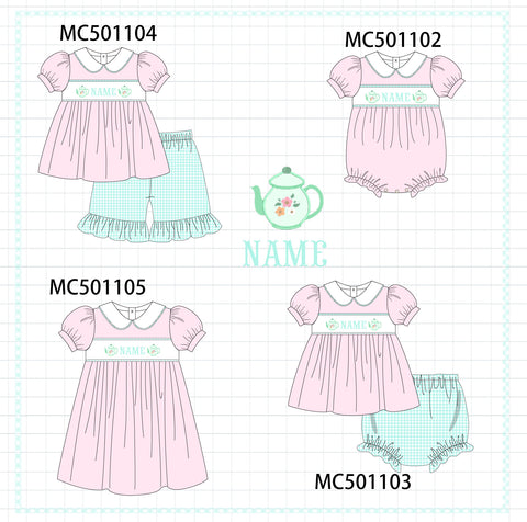 PO48 Pink teapot monogram embroidery girl gingham collection eta July