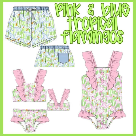 PINK AND BLUE TROPICAL FLAMINGOS - ETA JUNE